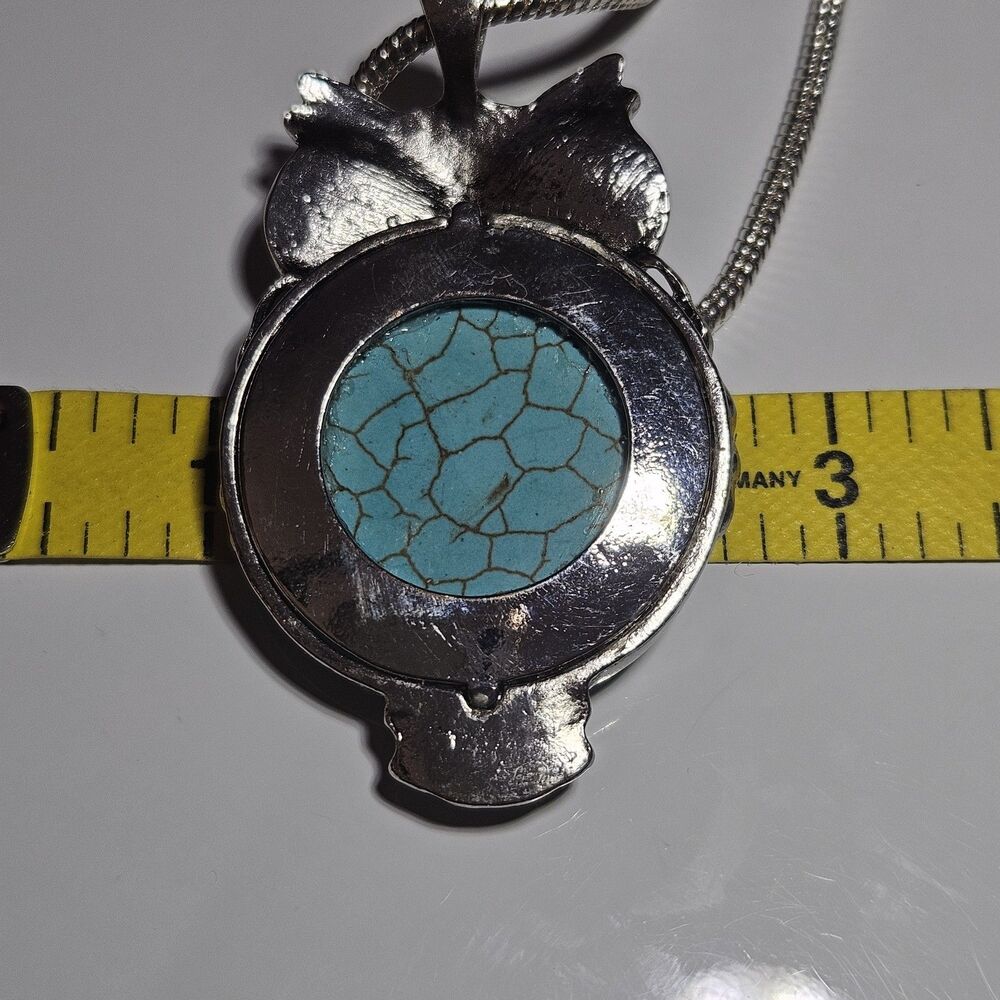 Silver Tone Large Blue Turquoise Owl Pendant Necklace 30" Chain - Picture 10 of 14